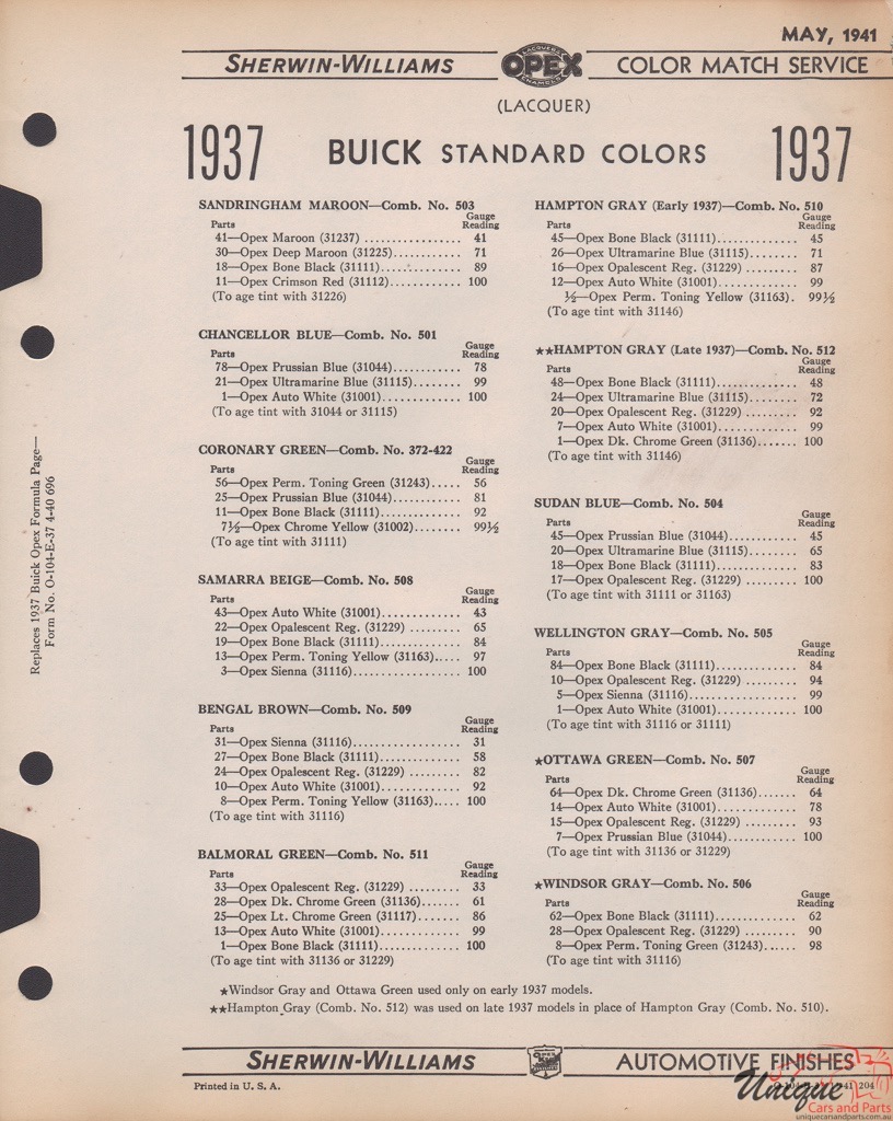 1937 Buick Paint Charts Williams 3